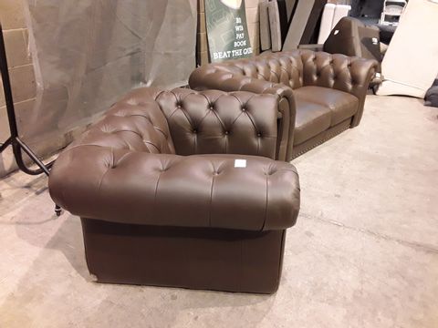 DESIGNER BROWN FAUX LEATHER TWO SEATER SOFA AND ARMCHAIR 