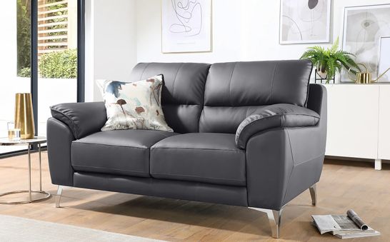 BOXED DESIGNER MADRID GREY LEATHER 2 SEATER SOFA (1 BOX, COMPLETE)