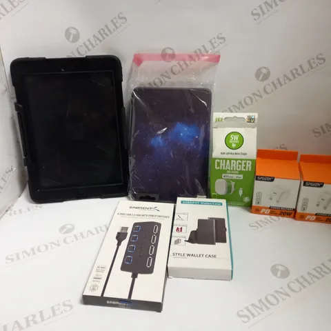 LOT OF APPROXIMATELY 25 ASSORTED ELECTRICALS AND PHONE ACCESSORIES TO INCLUDE SPEEDY PD 20W FAST CHARGER, SUANPOT WALLET CASE, SABRENT 4-PORT USB 2.0 HUB WITH POWER SWITCHES, ETC