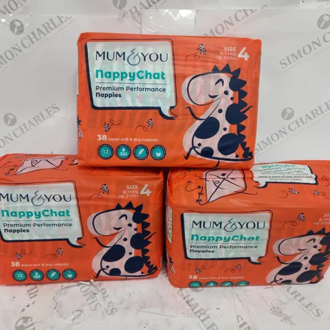 3 PACKS OF MUM & YOU NAPPYCHAT PREMIUM PERFORMANCE NAPPIES (38 PER PACK)