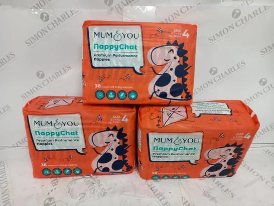 3 PACKS OF MUM & YOU NAPPYCHAT PREMIUM PERFORMANCE NAPPIES (38 PER PACK)