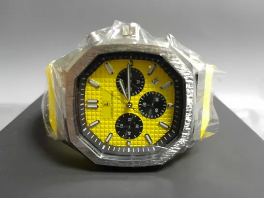 MENS LOUIS LACOMBE CHRONGRAPH WATCH – 3 SUB DIALS – SILVER COLOUR CASE – YELLOW RUBBER STRAP