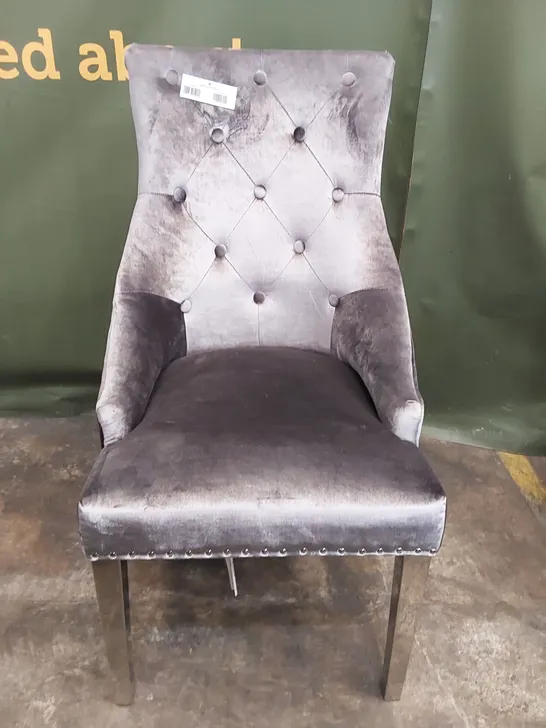 SILVER VELVET BUTTON BACK DINING CHAIR