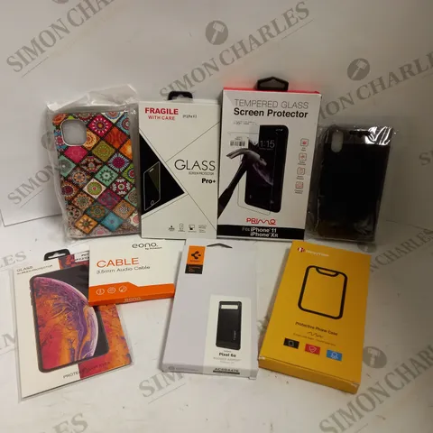 BOX OF APPROX 10 ITEMS TO INCLUDE PHONE CASES, PROTECTIVE SCREEN COVERS AND CABLES