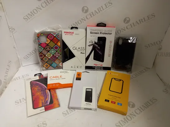 BOX OF APPROX 10 ITEMS TO INCLUDE PHONE CASES, PROTECTIVE SCREEN COVERS AND CABLES