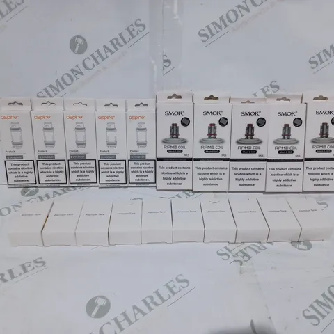 LOT TO CONTAIN APPROX. 20 X ASSORTED E-CIGARETTE ACCESSORIES & PARTS. INCLUDES REPLACEMENTS TANKS, ATOMIZERS AND COILS. BRANDS INCLUDE ASPIRE, SMOK ETC