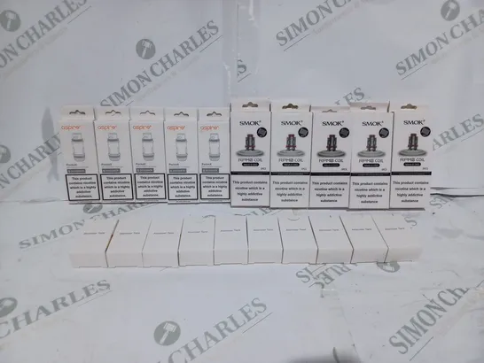 LOT TO CONTAIN APPROX. 20 X ASSORTED E-CIGARETTE ACCESSORIES & PARTS. INCLUDES REPLACEMENTS TANKS, ATOMIZERS AND COILS. BRANDS INCLUDE ASPIRE, SMOK ETC