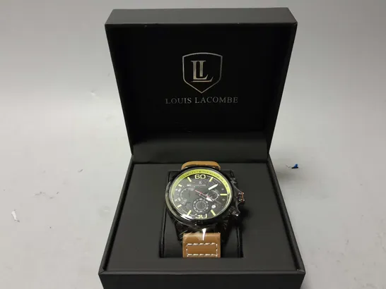 MENS LOUIS LACOMBE CHRONGRAPH WATCH – 3 SUB DIALS – BLACK CASE – LEATHER STRAP