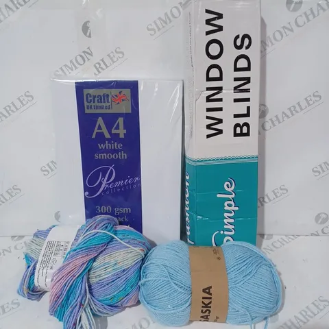 BOX OF APPROXIMATELY 15 ASSORTED HOUSEHOLD ITEMS TO INCLUDE WINDOW BLINDS, KNITTING YARN, A4 PAPER, ETC