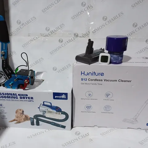 BOX OF APPROX 5 ITEMS TO INCLUDE - HONITURE S12 CORDLESS VACUUM CLEANER - PROFESSIONAL PET GROOMING DRYER - HYGRO THERMOMITER ECT