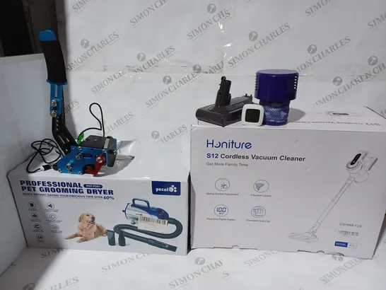 BOX OF APPROX 5 ITEMS TO INCLUDE - HONITURE S12 CORDLESS VACUUM CLEANER - PROFESSIONAL PET GROOMING DRYER - HYGRO THERMOMITER ECT