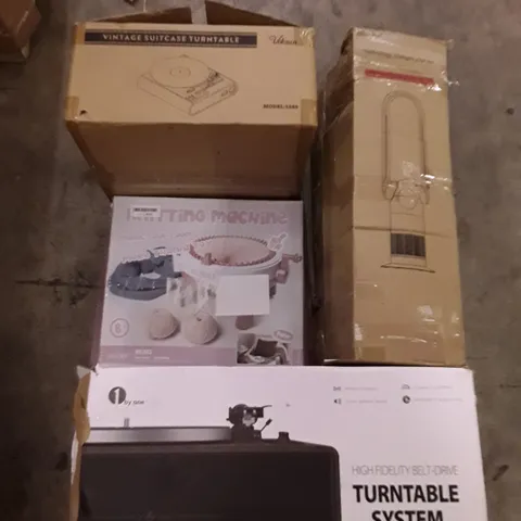 PALLET OF ASSORTED PRODUCTS INCLUDING VINTAGE SUITCASE TURNTABLE, KNITTING MACHINE, BLADELESS PURIFIER & HEATER FAN, BELT-DRIVE TURNTABLE SYSTEM 