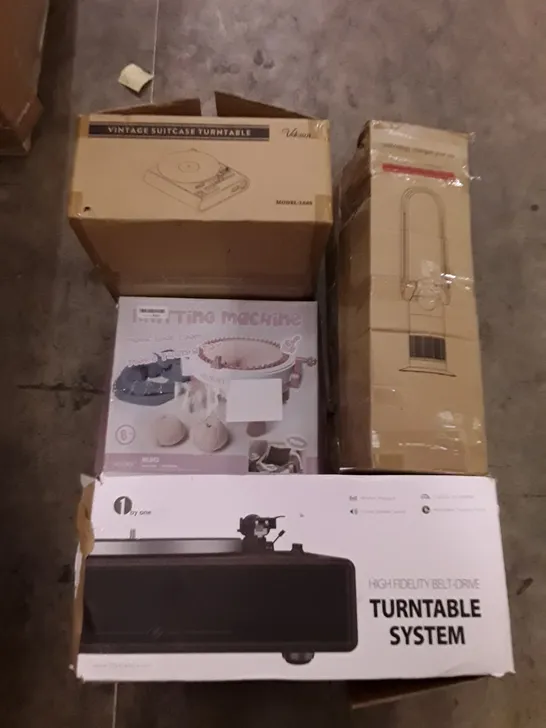 PALLET OF ASSORTED PRODUCTS INCLUDING VINTAGE SUITCASE TURNTABLE, KNITTING MACHINE, BLADELESS PURIFIER & HEATER FAN, BELT-DRIVE TURNTABLE SYSTEM 