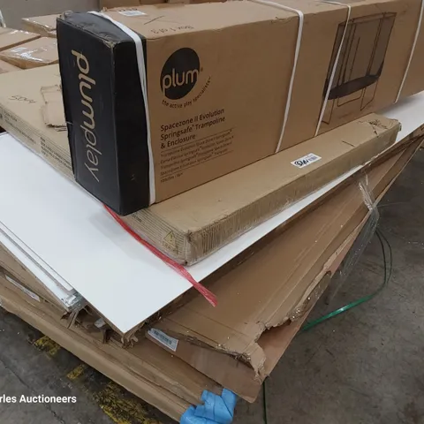 PALLET OF ASSORTED BOXED FURNITURE PARTS, INCLUDING PLUMPLAY TRAMPOLINE, BED & FURNITURE PARTS