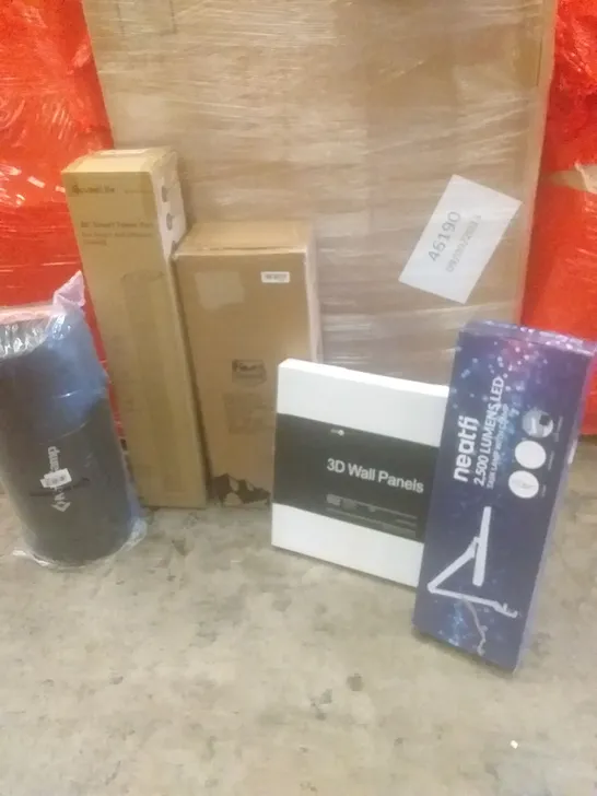 PALLET OF ASSORTED ITEMS INCLUDING SMART TOWER FAN, CAMPING WAGON, 3D WALL PANELS, LED TASK LAMP WITH CLAMP