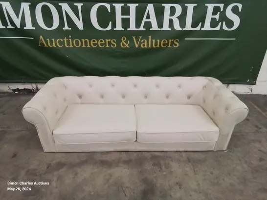 DESIGNER OAKHAM IVORY LEATHER 3 SEATER BUTTON BACK CHESTERFIELD STYLE SOFA