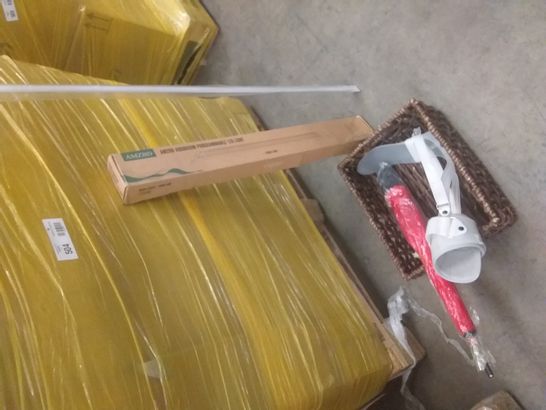 LARGE PALLET OF ASSORTED ITEMS SUCH AS FREEVIEW PLAYER, PROGRAMMABLE LIGHTS, UMBRELLAS, GARDEN TOOLS ETC