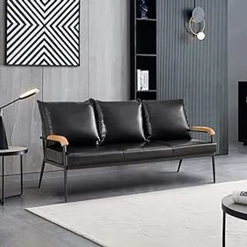 BOXED LEMROE MODERN BLACK LEATHER 3 SEATER SOFA WITH METAL FRAME AND WOODEN ARM RESTS (1 BOX, BOX 1 OF 2 ONLY)