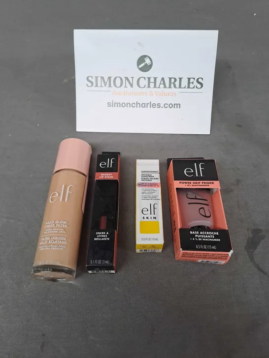 ELF LOT OF 4 COSMETIC PRODUCTS TO INCLUDE - POWER GRIP PRIMER, HALO GLOW FOUNDATION, SUNSCREEN ETC