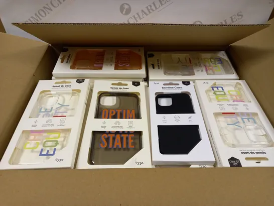 BOX OF APPROXIMATELY 50 TYPO PHONES CASES ('SLIMLINE CASE' & 'SPEAK UP CASE') FOR IPHONE 11, 12 MINI, 12/12PRO IN VARYING COLOURS