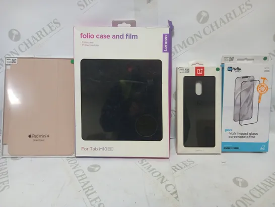 LOT OF 4 PHONE AND TABLET CASES TO INCLUDE IPAD MINI 4 SMART COVER, FOLIO CASE AND FILM FOR TAB M10, BEHELLO HIGH IMPACT GLASS SCREENPROTECTOR FOR IPHONE 12 MINI, ONEPLUS 7 SABDSTONE PROTECTIVE CASE