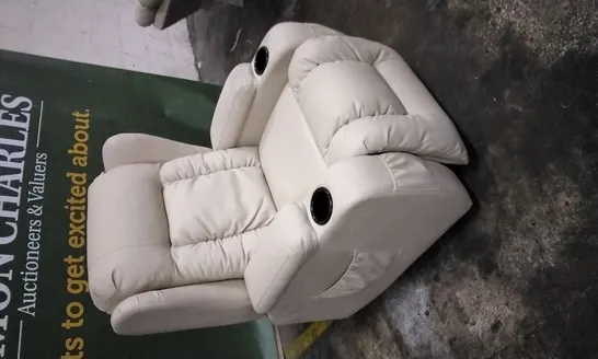 DESIGNER OFF WHITE LEATHER POWER RECLINER ARMCHAIR WITH CUPHOLDERS 