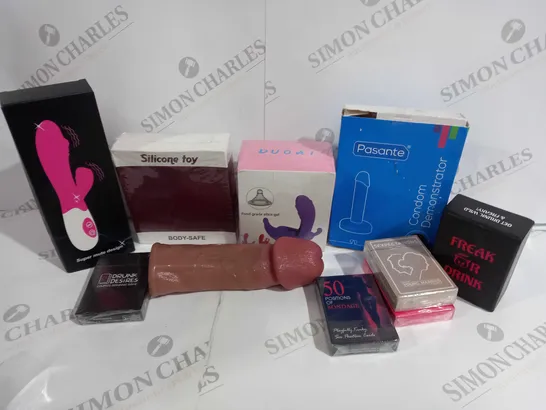 APPROXIMATELY 15 ASSORTED ADULT ITEMS T INCLUDE ADULT CARD GAMES, CONDOM DEMONSTRATOR, VIBRATOR, ETC