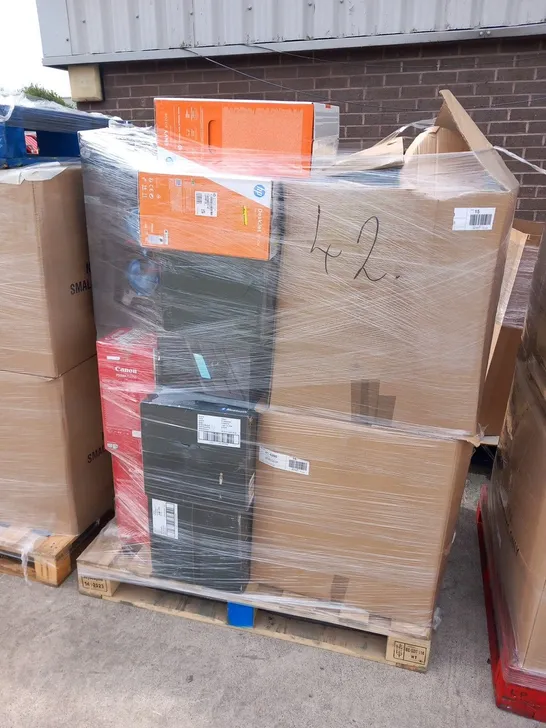 PALLET OF ASSORTED ELECTRICALS TO INCLUDE; HP DESKJET PRINTER, BLUETOOTH PARTY SPEAKER, CD MICRO SYSTEM, WIRELESS HEADPHONES AND ONE FOOR ALL ARIAL