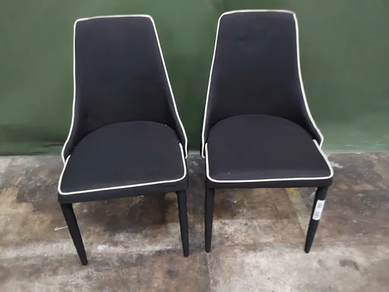 PAIR UPHOLSTERED DINING CHAIRS BLACK FABRIC WITH WHITE PIPING