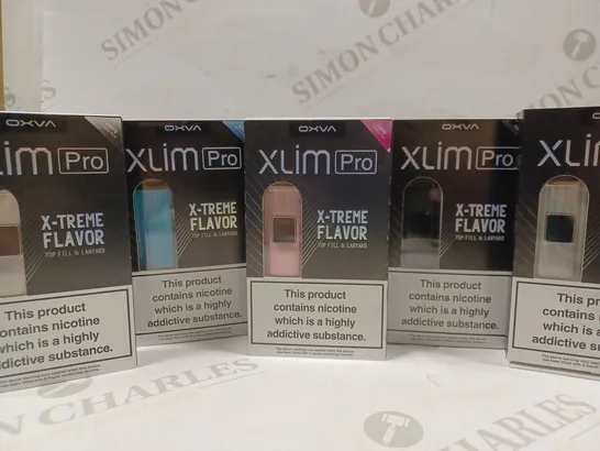 BOX OF 5 OXVA XLIM PRO VAPES IN ASSORTED COLOURS TO INCLUDE GREY, PINK, BLUE, BLACK