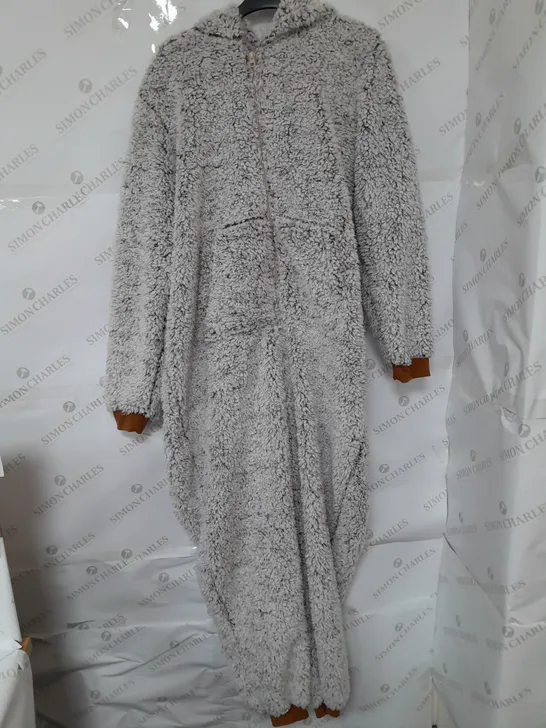 TEDDY BEAR FLUFFY HOODED ONESIE IN GREY AND BROWN