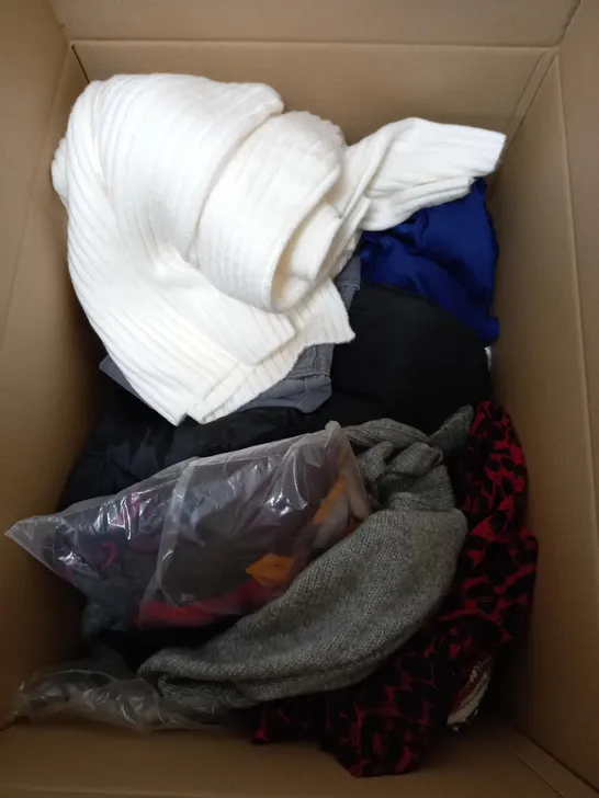 BOX OF APPROXIMATELY 15 CLOTHING ITEMS TO INCLUDE WHITE WOOL JUMPER, JEANS, DRIMEUIL TOP ETC