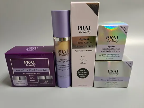 LOT OF 5 ASSORTED PRAI BEAUTY ITEMS TO INCLUDE AGELESS SUPERBOOST CAPSULES, THROAT & DÉCOLLETAGE CRÈME AND RADIANCE TONIC