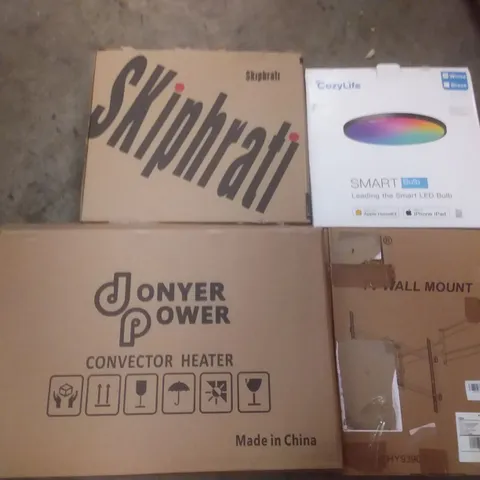 PALLET OF ASSORTED ITEMS INCLUDING DONYER POWER CONVECTOR HEATER, TV WALL MOUNT, COZYLIFE SMART LED BULB, SKIPHRATI, NON STICK GRIDDLE, AIR FRYER OVEN