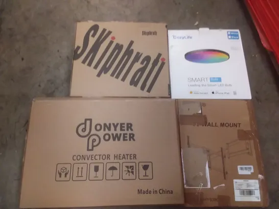 PALLET OF ASSORTED ITEMS INCLUDING DONYER POWER CONVECTOR HEATER, TV WALL MOUNT, COZYLIFE SMART LED BULB, SKIPHRATI, NON STICK GRIDDLE, AIR FRYER OVEN