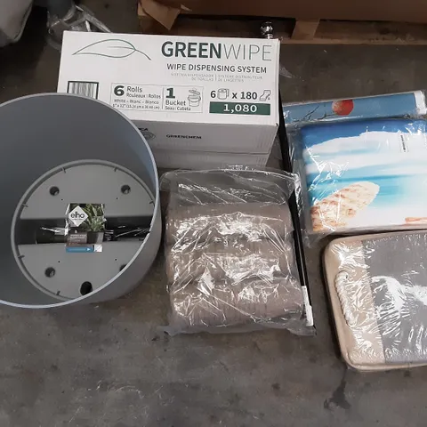 PALLET OF ASSORTED PRODUCTS INCLUDING BEACHBEE SLIP BOARD, SOJOY IGELCOMFORT ROUND CUSHION, ELHO ALL IN ONE PLANT POT, GREENWIPE WIPE DISPENSING SYSTEM, CONCH BEACH MAT, COLLAPSIBLE STORAGE BOXES