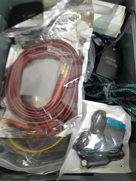 BOX OF APPROXIMATELY 15 ASSORTED ITEMS TO INCLUDE - WIRELESS MOUSE, DUPONT WIRES, NOW TV BOX ETC