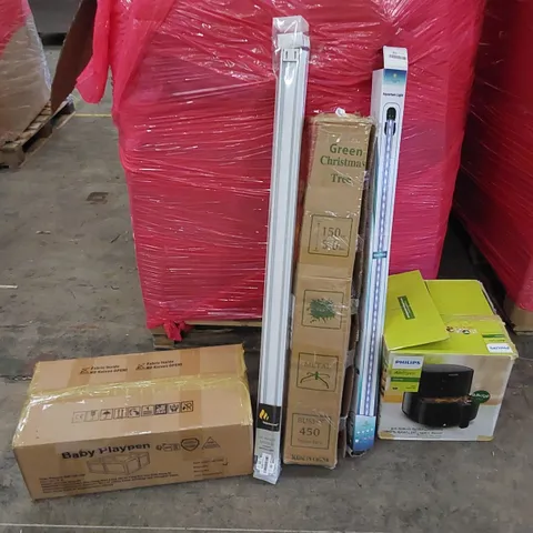 PALLET OF ASSORTED ITEMS INCLUDING: PHILIPS AIR FRYER, ARTIFICIAL CHRISTMAS TREE, BABY PLAYPEN, LED AQUARIUM LIGHT, ROLLER BLINDS 