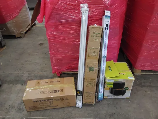 PALLET OF ASSORTED ITEMS INCLUDING: PHILIPS AIR FRYER, ARTIFICIAL CHRISTMAS TREE, BABY PLAYPEN, LED AQUARIUM LIGHT, ROLLER BLINDS 