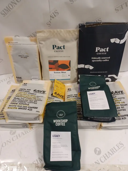 10 X ASSORTED COFFEE PRODUCTS TO INCLUDE PACT COFFEE, WORKSHOP COFFEE, RAVE COFFEE ETC 