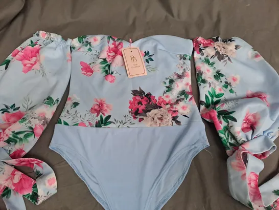 PINK BOUTIQUE BLOSSOM BLISS FLORAL PRINT BARDOT BODYSUIT, BLUE - SIZE 10