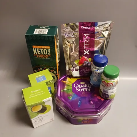 BOX OF APPROX 12 ASSORTED FOOD ITEMS TO INCLUDE - QUALITY STREET CHOCOLATES - ORANGE CHOC & PEANUT KETO BARS - BEYOND DIETARY SUPPLEMENT ETC