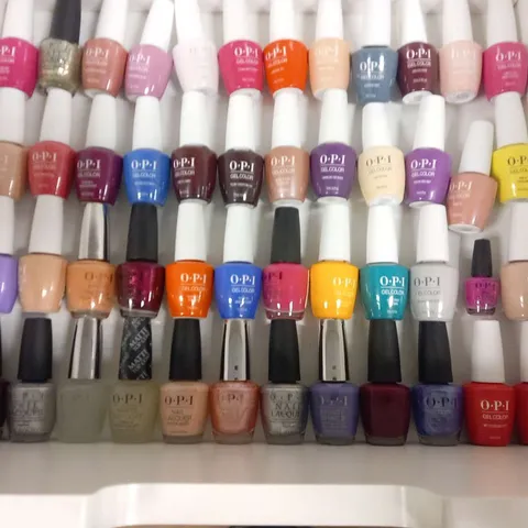 APPROXIMATELY 65 ASSORTED O.P.I. ASSORTED GEL COLOURS AND NAIL LACQUER