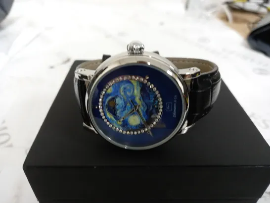 ZIHLMANN AND CO WATCH - STARRY NIGHT PAINTING FACE - CHROME BEZEL - BLACK STRAP