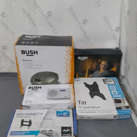 BOX OF APPROXIMATELY 7 ASSORTED ITEMS TO INCLUDE BOOMBOX, TV WALL MOUNT AND DAB RADIO