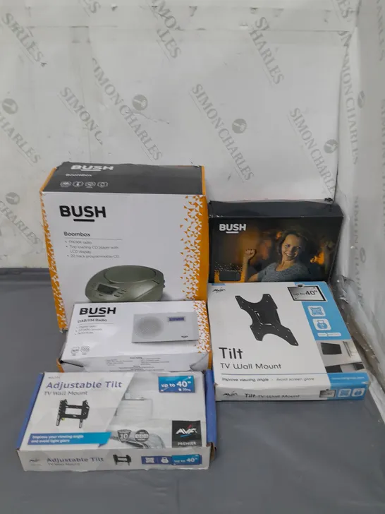 BOX OF APPROXIMATELY 7 ASSORTED ITEMS TO INCLUDE BOOMBOX, TV WALL MOUNT AND DAB RADIO