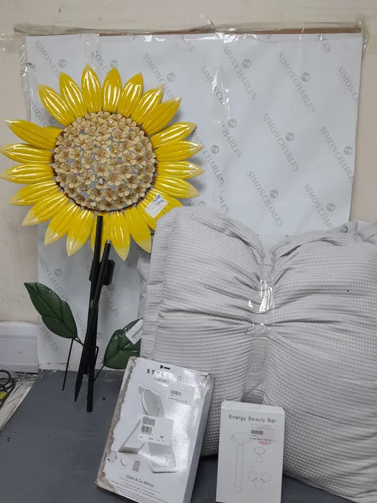 CAGE OF APPROX 12 ASSORTED HOMEWARE GOODS TO INCLUDE - CUSHIONS , MIRROR , SOLAR POWERED SUNFLOWER ETC - COLLECTION ONLY