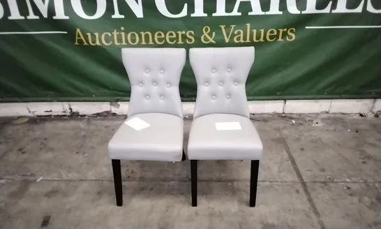 PAIR OF KENSINGTON LIGHT GREY LEATHER BUTTON BACK DINING CHAIRS WITH BLACK LEGS