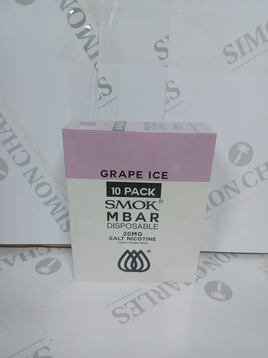 BOX OF APPROXIMATELY 10 BOXES OF GRAPE ICE  10 PACK SMOK M BAR DISPOSABLE 20MG SALT NICOTINE