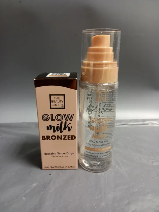 BOXED AND SEALED SET OF 2 THE BEAUTY CROP INCLUDING GLOW MILK BRONZING SERUM IN SHADE SUNKISSED (20ML) AND GLOW MILK SETTING MIST (100ML)